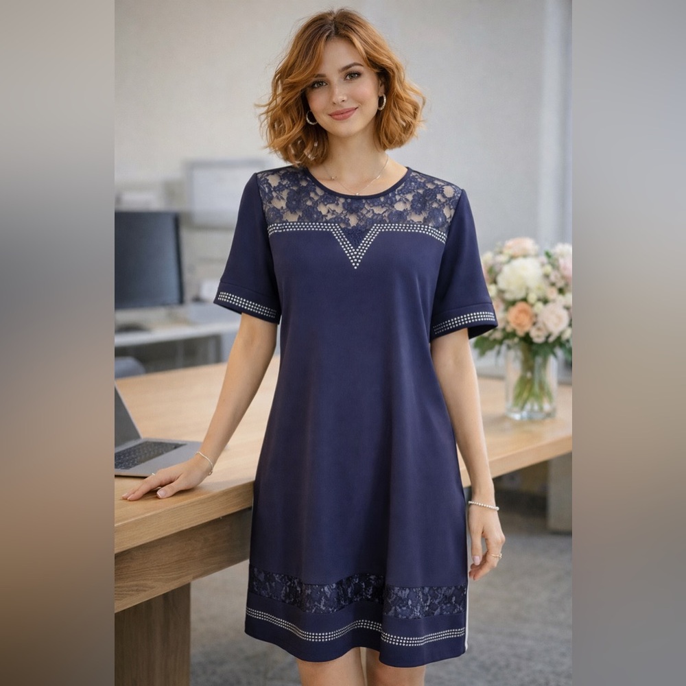 Elegant Sheath Modest Dress Sz XL Navy Blue Lace Accents Studs Knit EUC